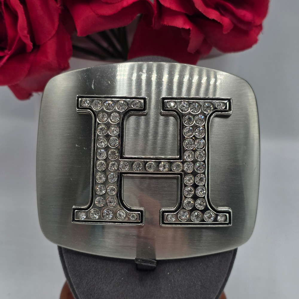 Silver Tone Letter H Rhinestone Initial Belt Buckle Brushed Metal Rectangle